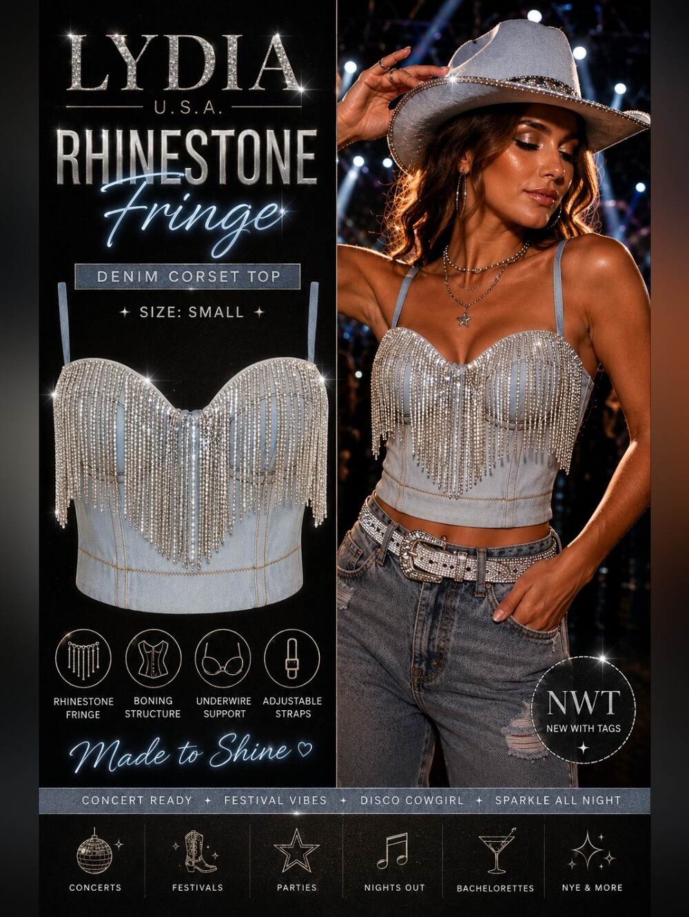 Lydia USA Rhinestone Fringe Denim Corset Bustier Top Disco Cowgirl Festival S